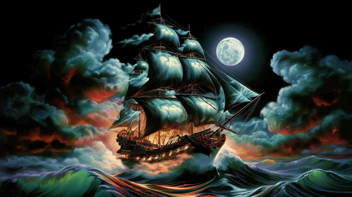 Ghost pirate ship under a full moon