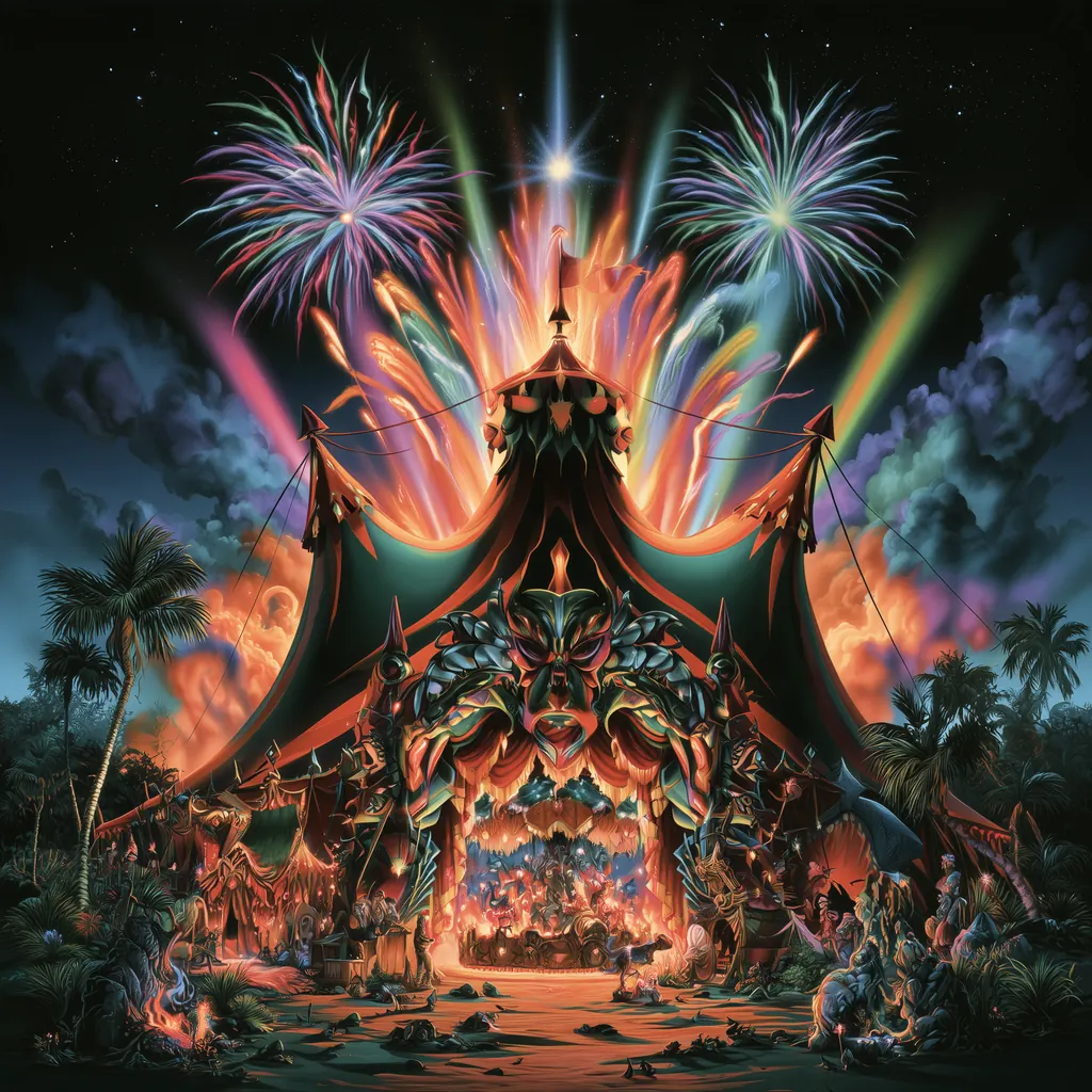 A circus big top at midnight, lit up from inside, with rainbow fireworks bursting overhead