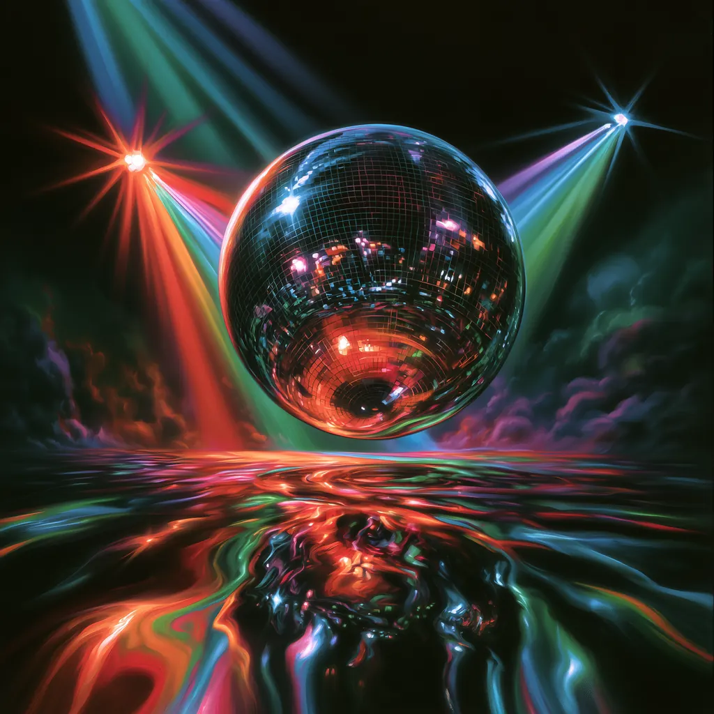 A giant chrome mirror ball over a Studio 54 disco floor, firing rainbow light beams across a glossy reflection