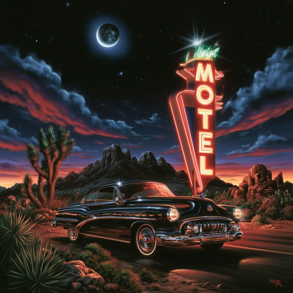 A neon MOTEL sign glowing red in the desert at night, a vintage black car parked below it among Joshua trees
