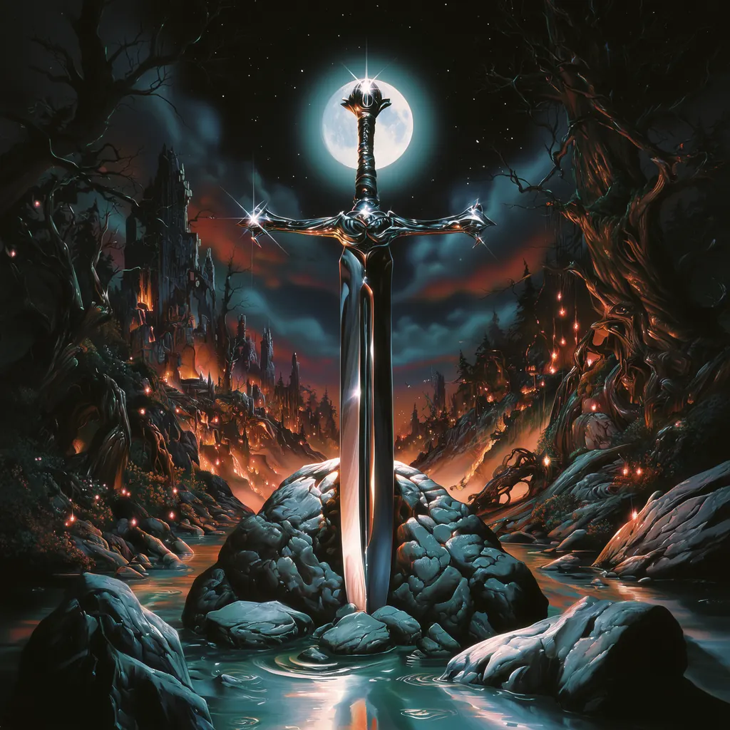 A legendary sword standing in a stone under a full moon, in a glowing enchanted forest ruin