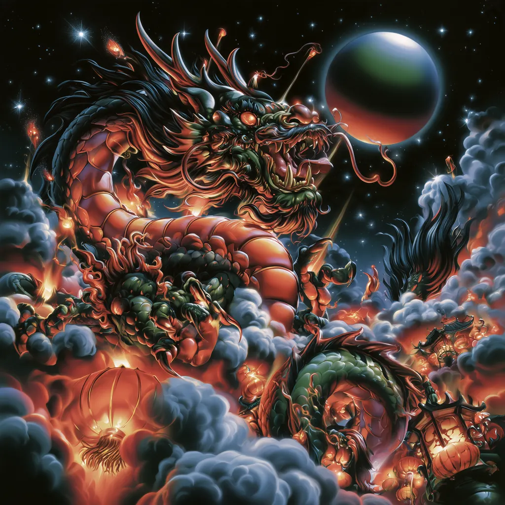 A red and gold Chinese dragon spiralling through clouds and glowing lanterns beneath a dark planet