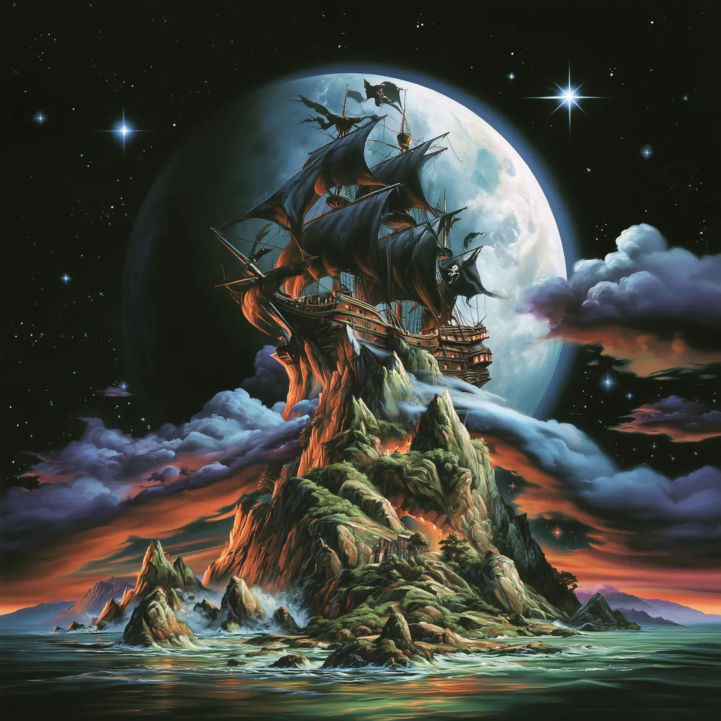 A pirate ship sailing over a rocky island in front of a giant full moon and a starry sky